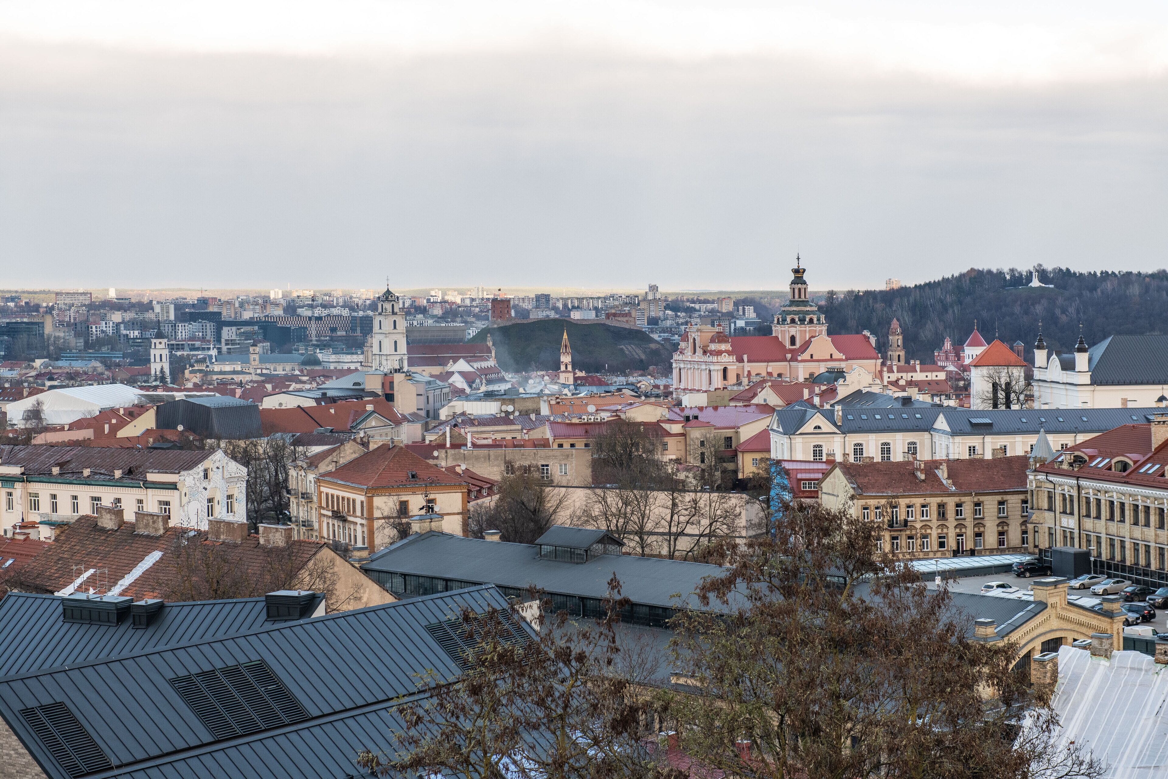 A cityscape with a variety of buildings, including a prominent church with a tall spire.