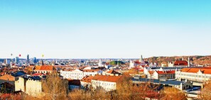 A panoramic view of a cityscape with historic buildings, a prominent church, and a hill in the background. - Panorama Hotel (Vilnius)