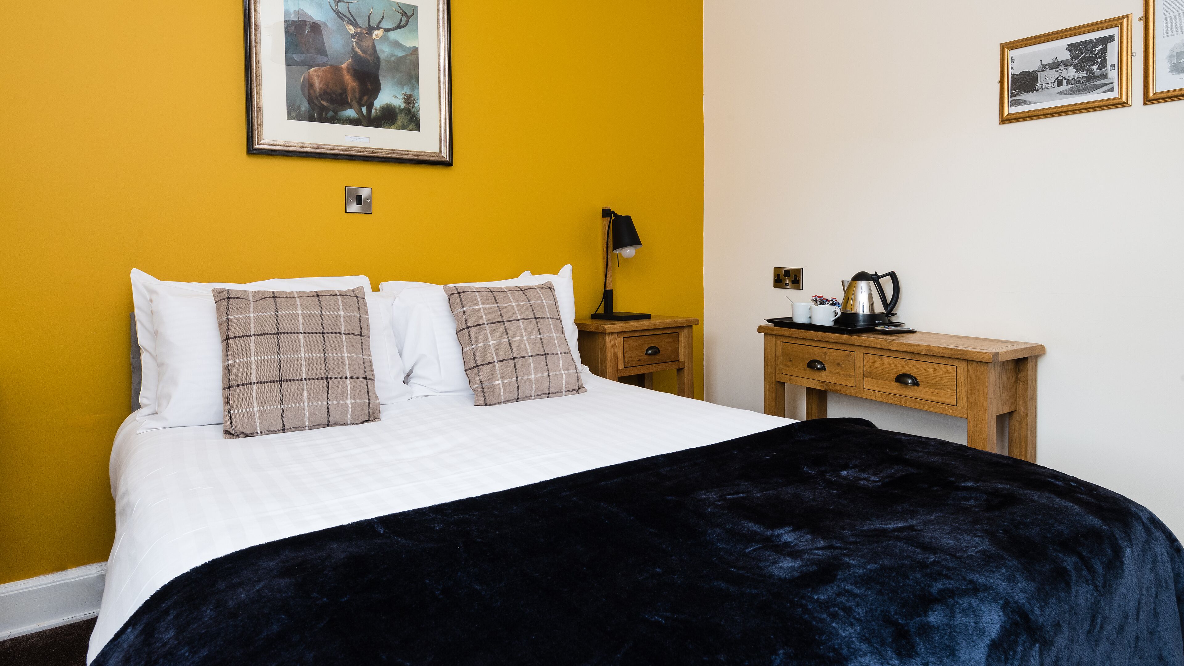 A bed with white bedding and plaid pillows, a bedside table with a lamp, and a small wooden nightstand with a kettle and cups.