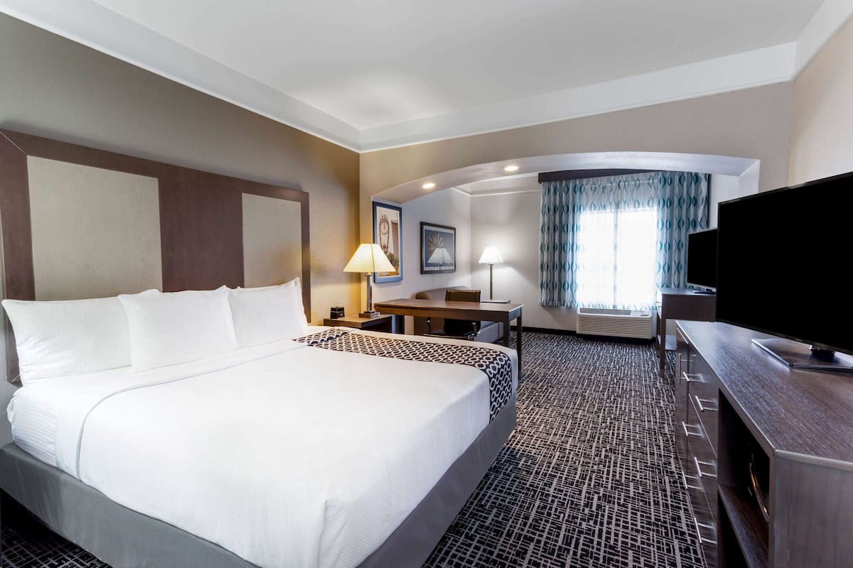 Une chambre d’hôtel avec un grand lit, un bureau, un téléviseur à écran plat et une moquette à motifs.