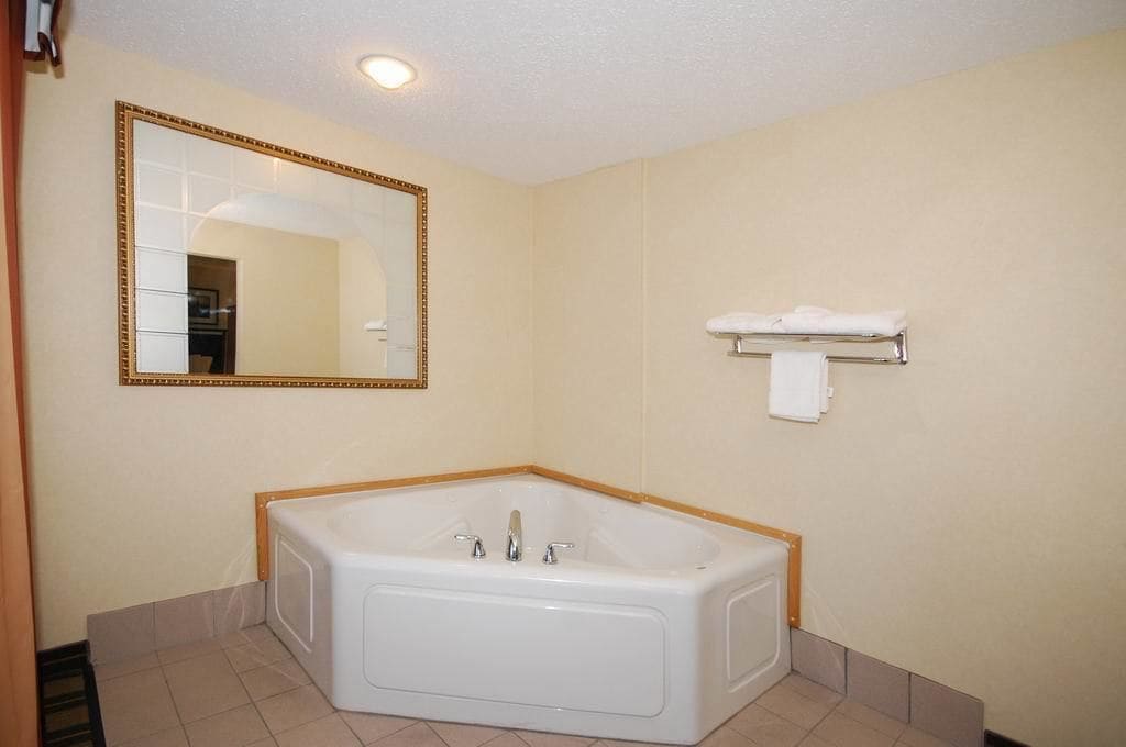 Un baño con una bañera grande, un espejo con marco dorado y un perchero para toallas.