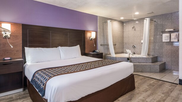 Una habitación de hotel moderna con una cama grande, zona de ducha separada y tocador con bañera.