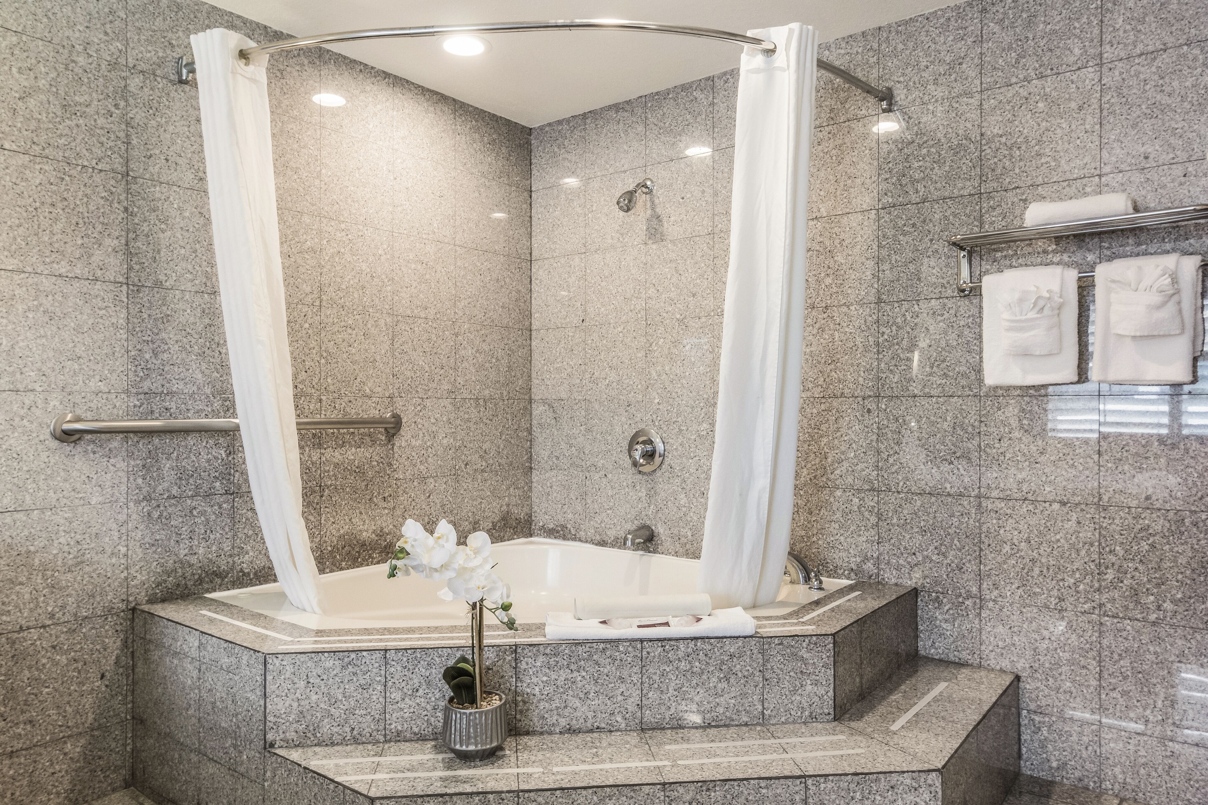 Separate tub and shower, free toiletries, hair dryer, towels
