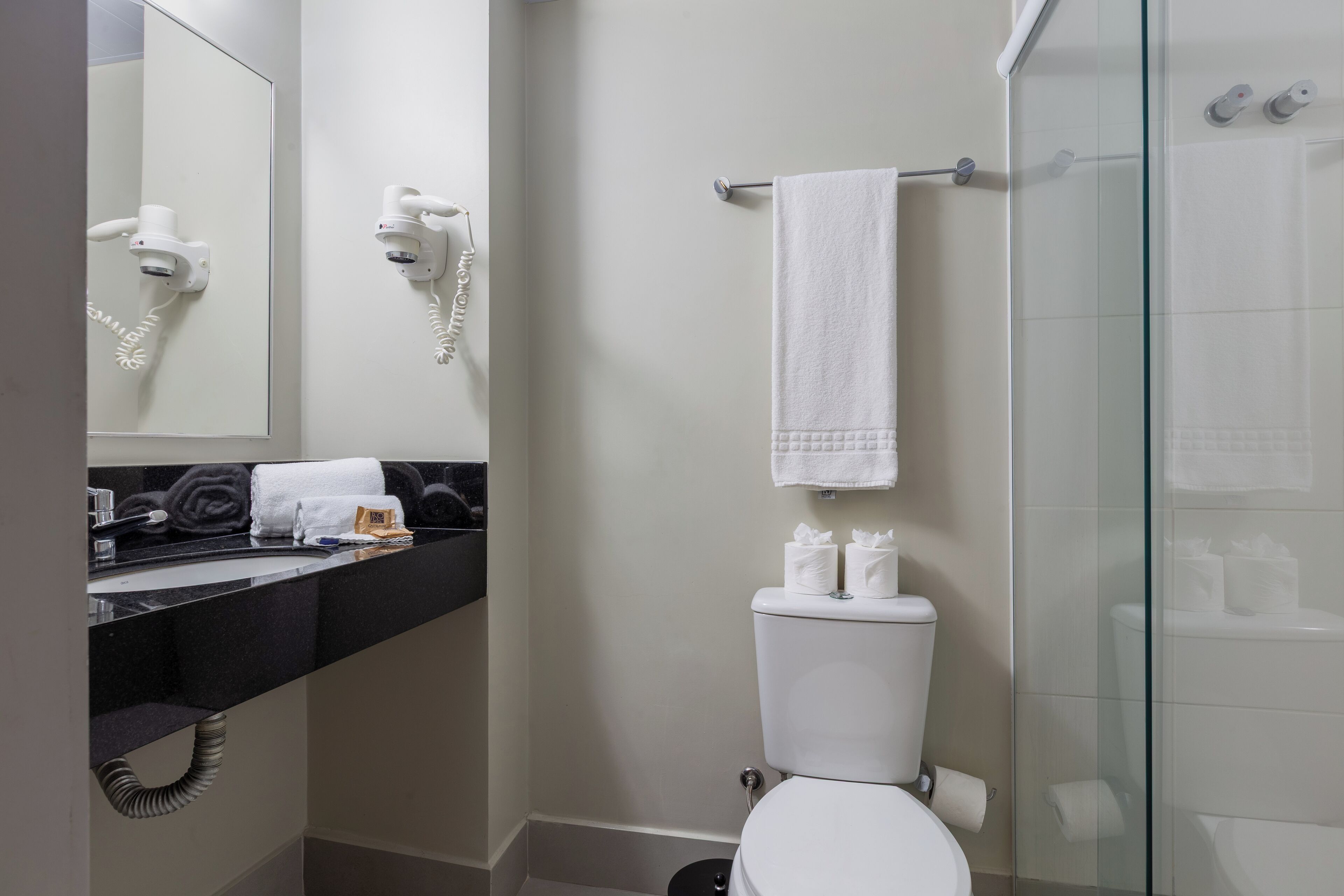 A modern bathroom with a glass shower enclosure, a white toilet, and a black countertop with a towel and toiletries.