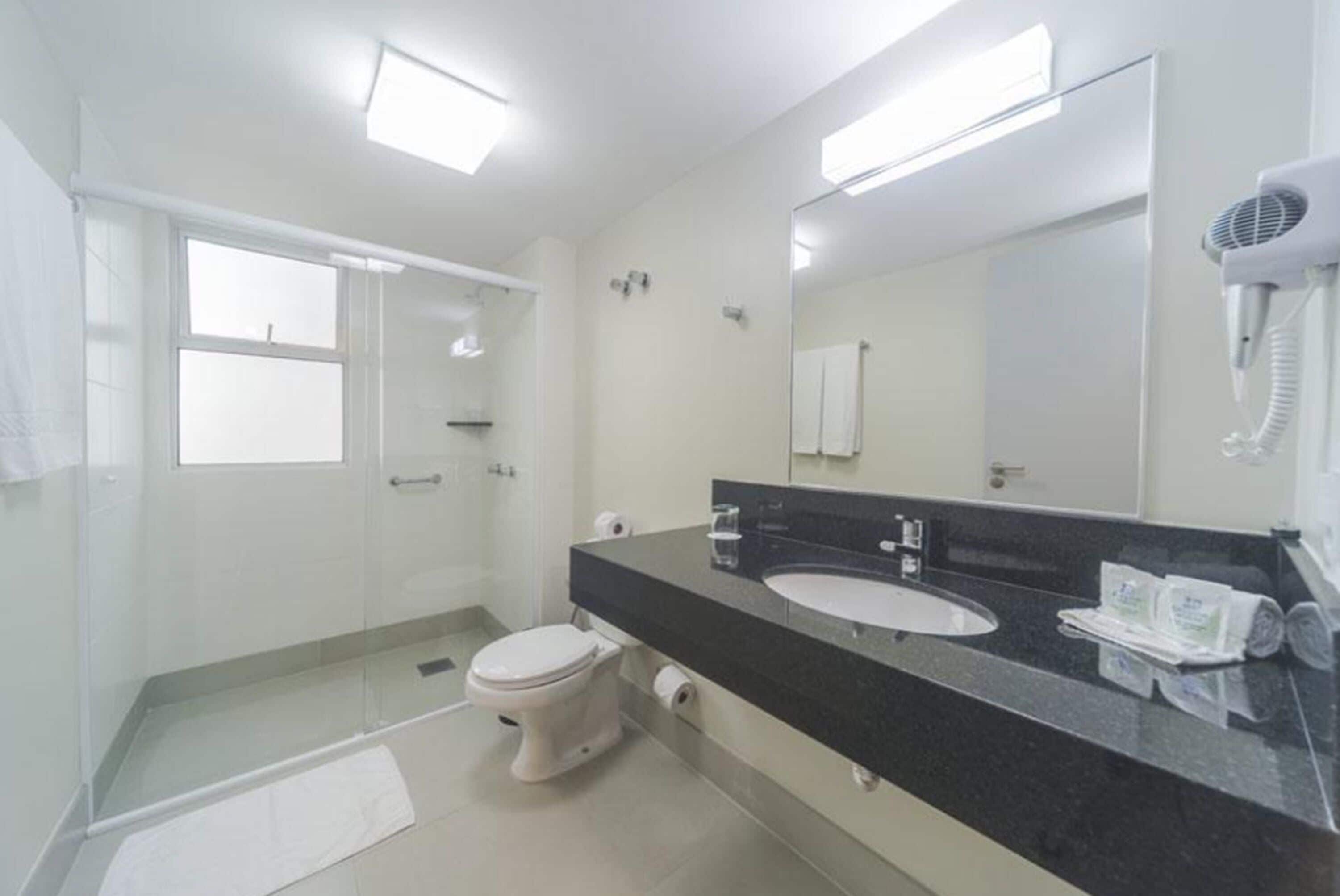 A modern bathroom with a glass shower enclosure, a white toilet, a black countertop with a sink, and a hairdryer mounted on the wall.
