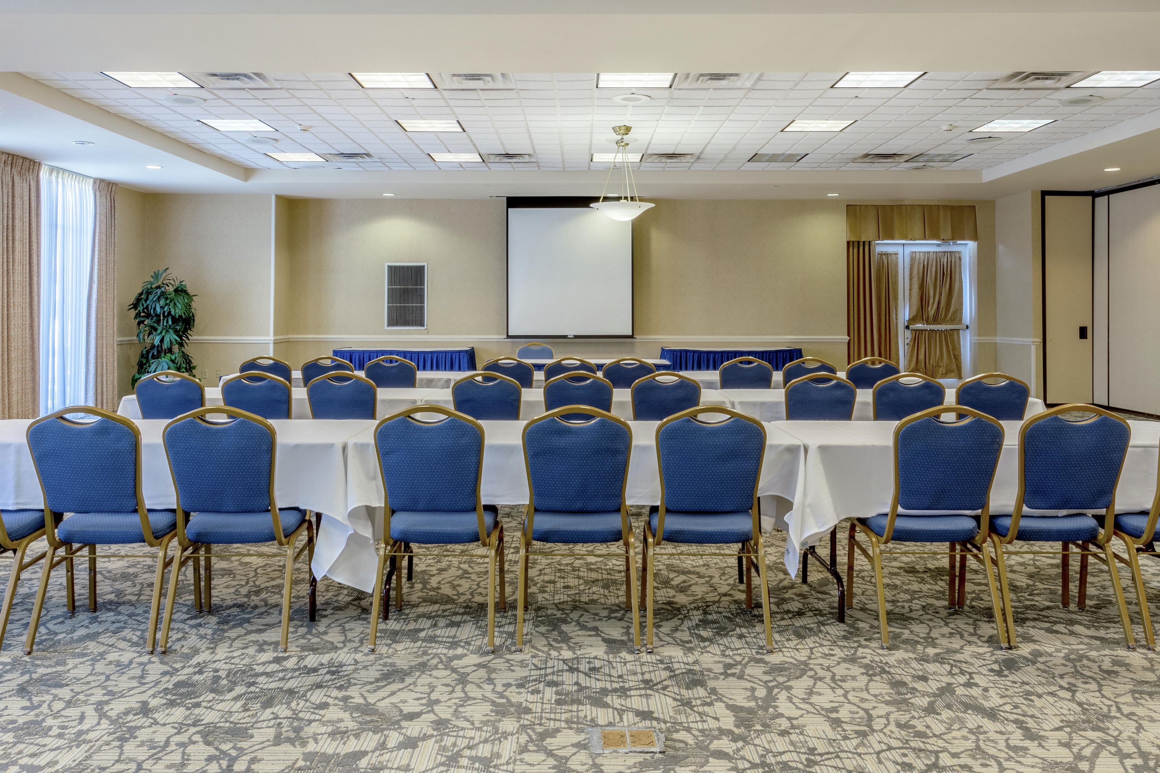 A conference room with a long table, blue chairs, and a projector screen.