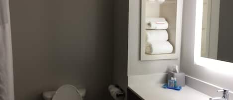 A bathroom with a toilet, a sink, a mirror, and a towel rack with towels.
