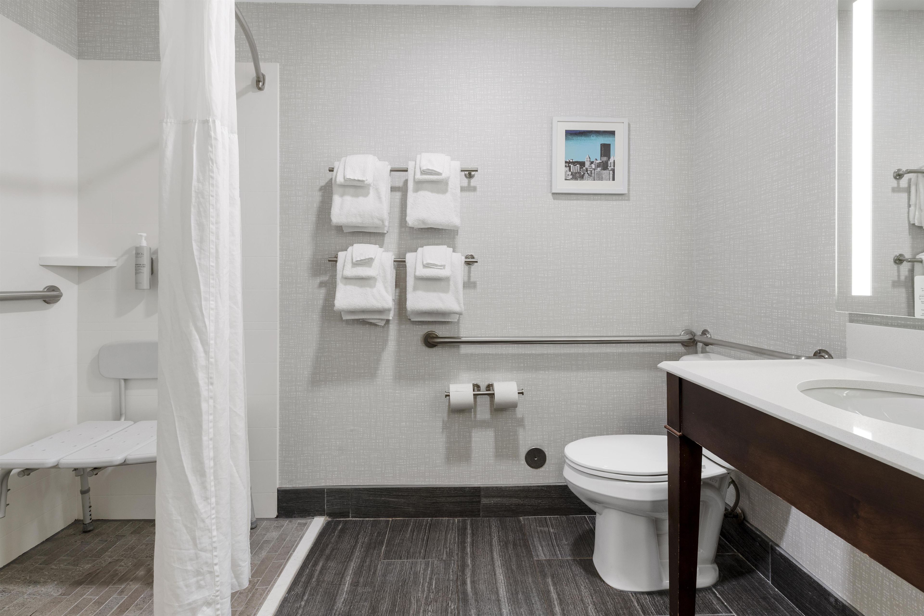A modern bathroom with a shower, toilet, and sink, equipped with a handrail and a small picture on the wall.