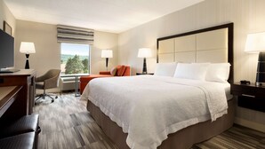 Quarto de hotel com uma cama grande, uma mesa, uma cadeira e uma janela com vista para árvores.