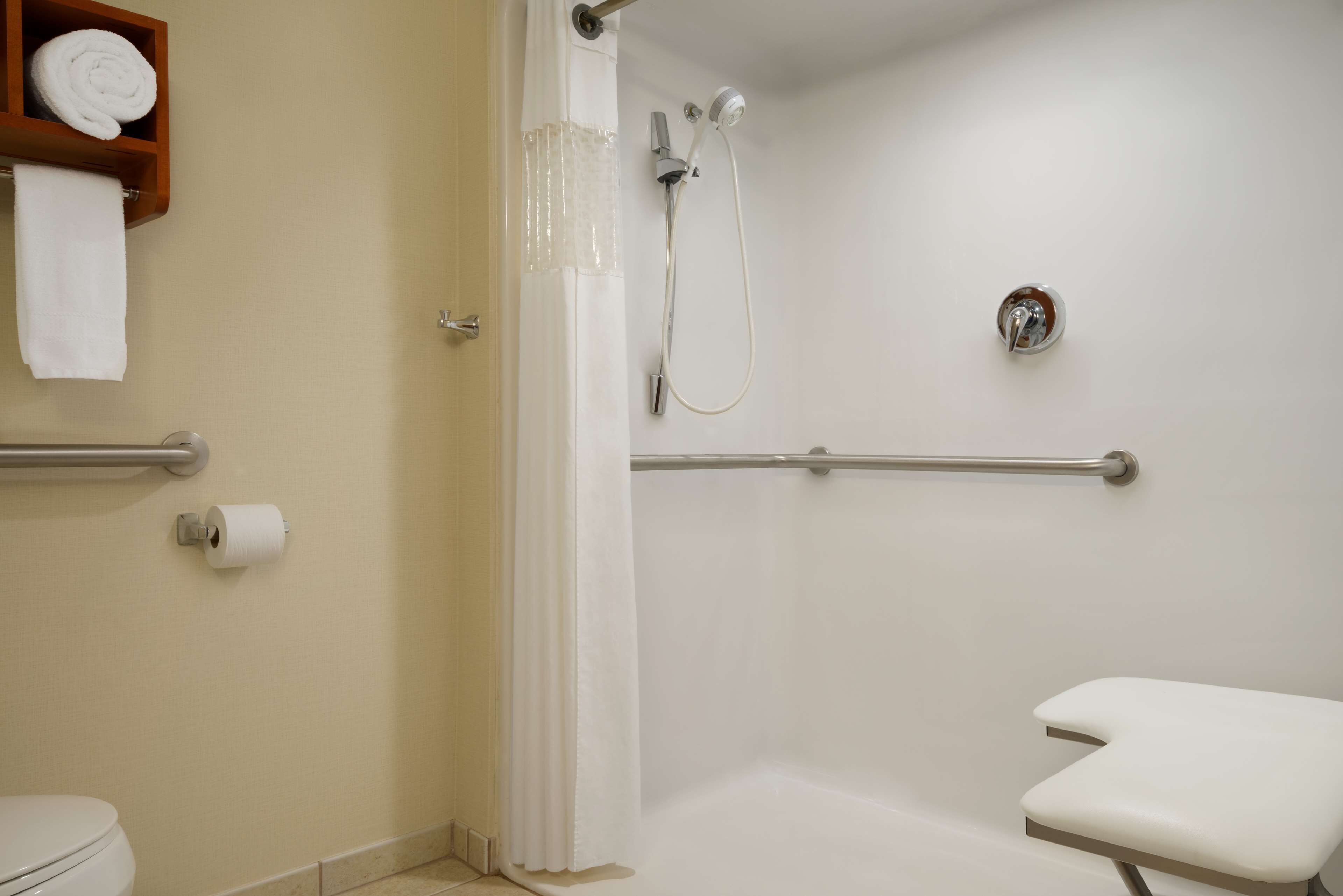 combined shower/bathtub, free toiletries, hair dryer, towels