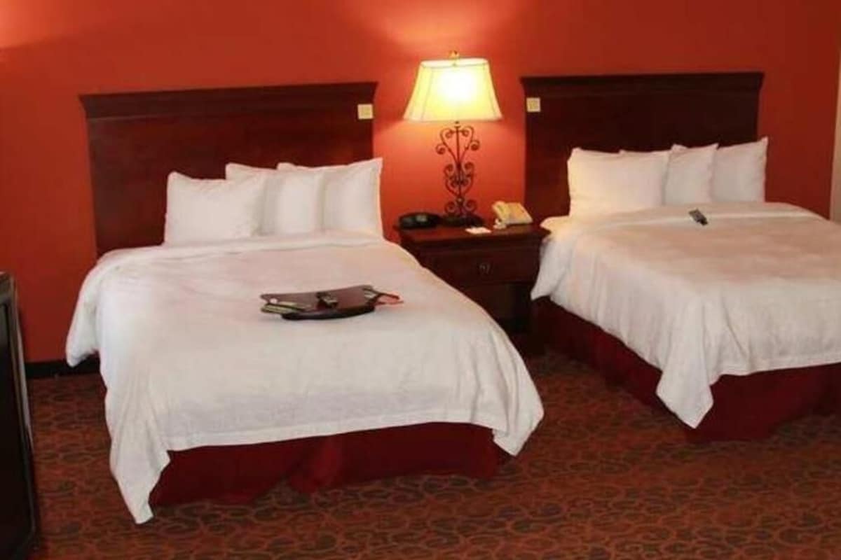 Una habitación de hotel con dos camas, una mesita de noche con lámpara y una alfombra estampada.
