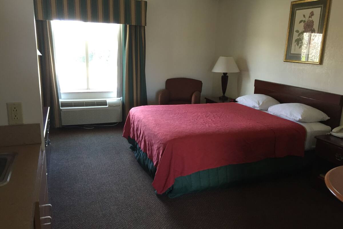 A hotel room with a bed, a chair, a nightstand, a lamp, and a framed picture on the wall.