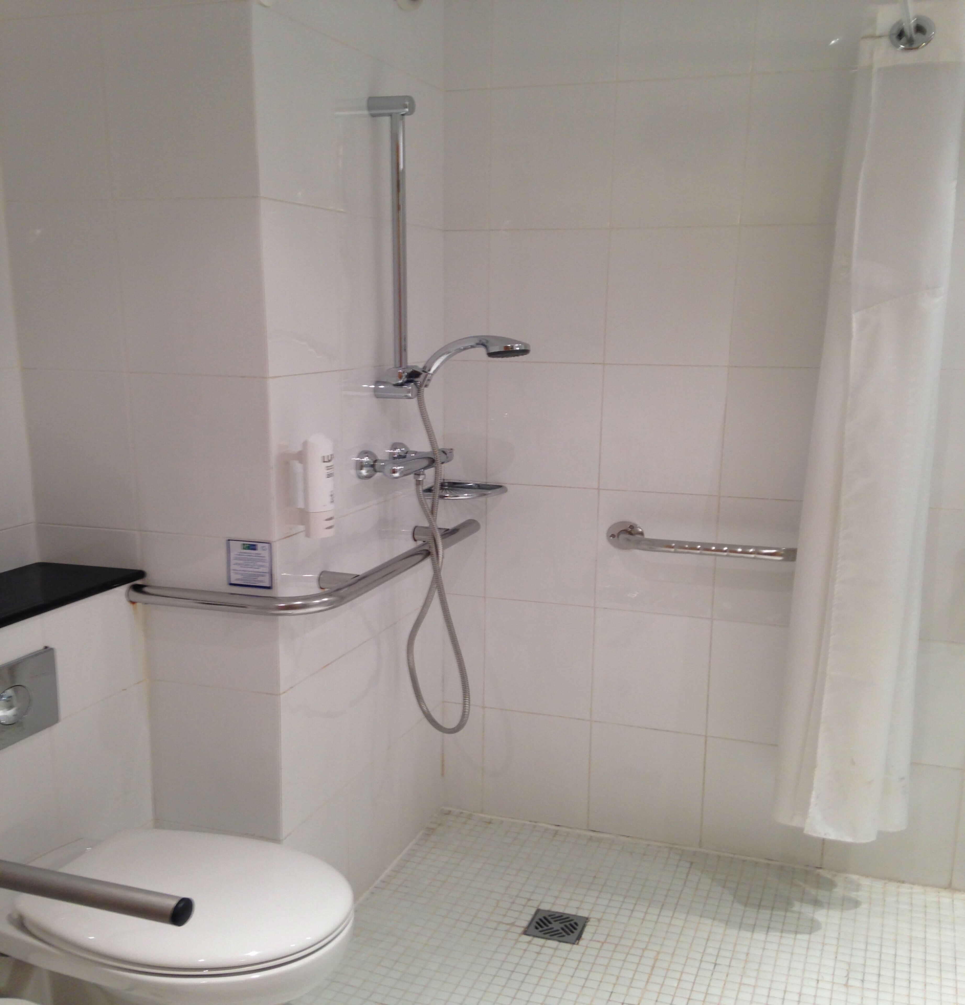 Une salle de bain avec des toilettes blanches, une douche équipée d’un pommeau de douche amovible et d’une barre d’appui.