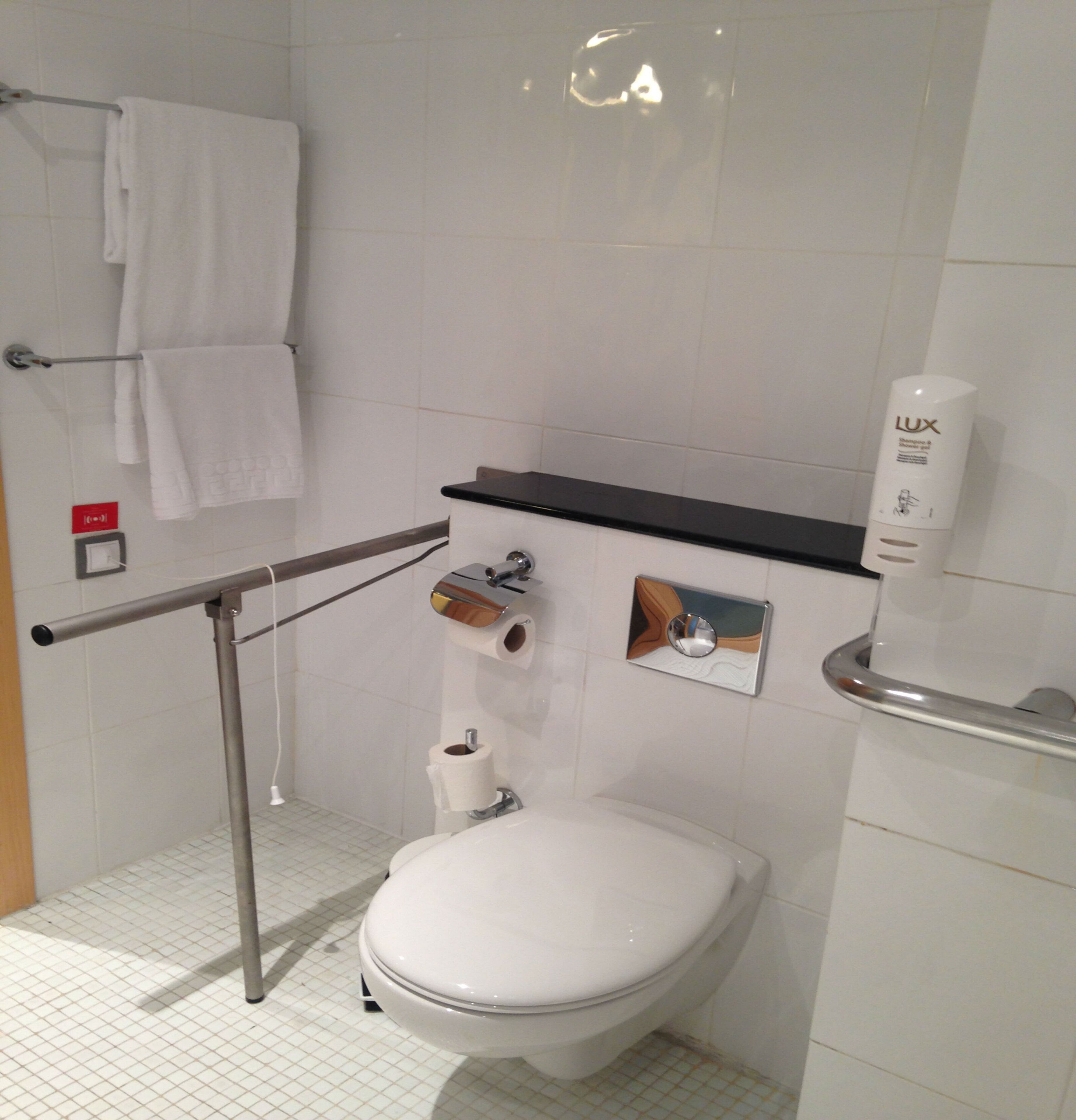 A modern bathroom with a toilet, a towel rack, a toilet paper holder, and a shampoo bottle.