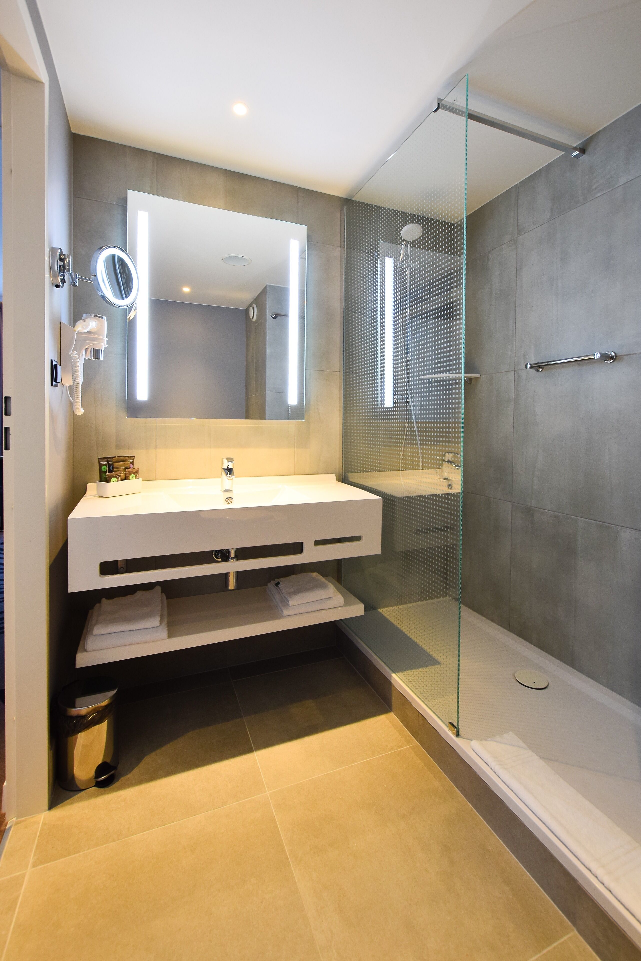 shower, eco-friendly toiletries, hair dryer, towels