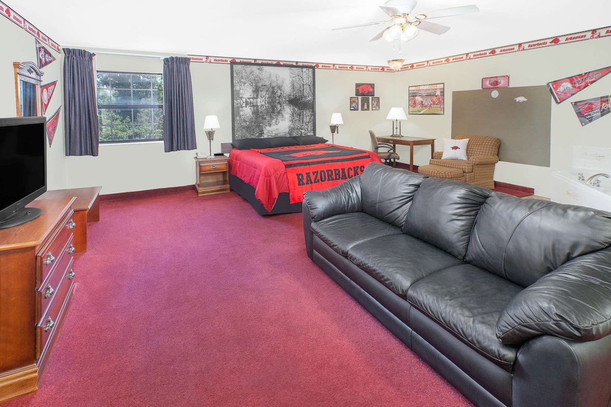 Ein Schlafzimmer mit einem großen Bett, einem Ledersofa, einem Fernseher und einem Schreibtisch.