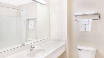 Hair dryer, towels, soap, shampoo