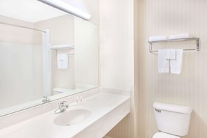 Hair dryer, towels, soap, shampoo