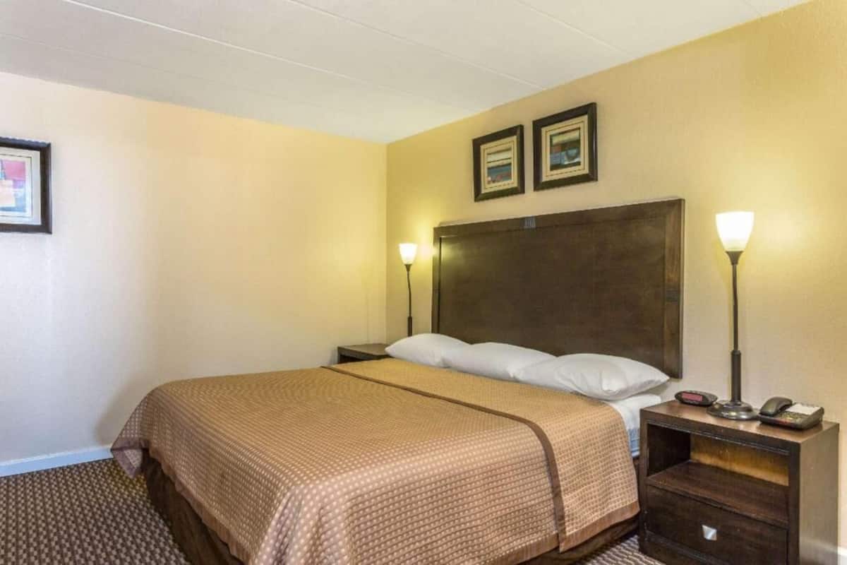 A hotel room with a large bed, two bedside tables, a headboard, and two wall-mounted lamps.