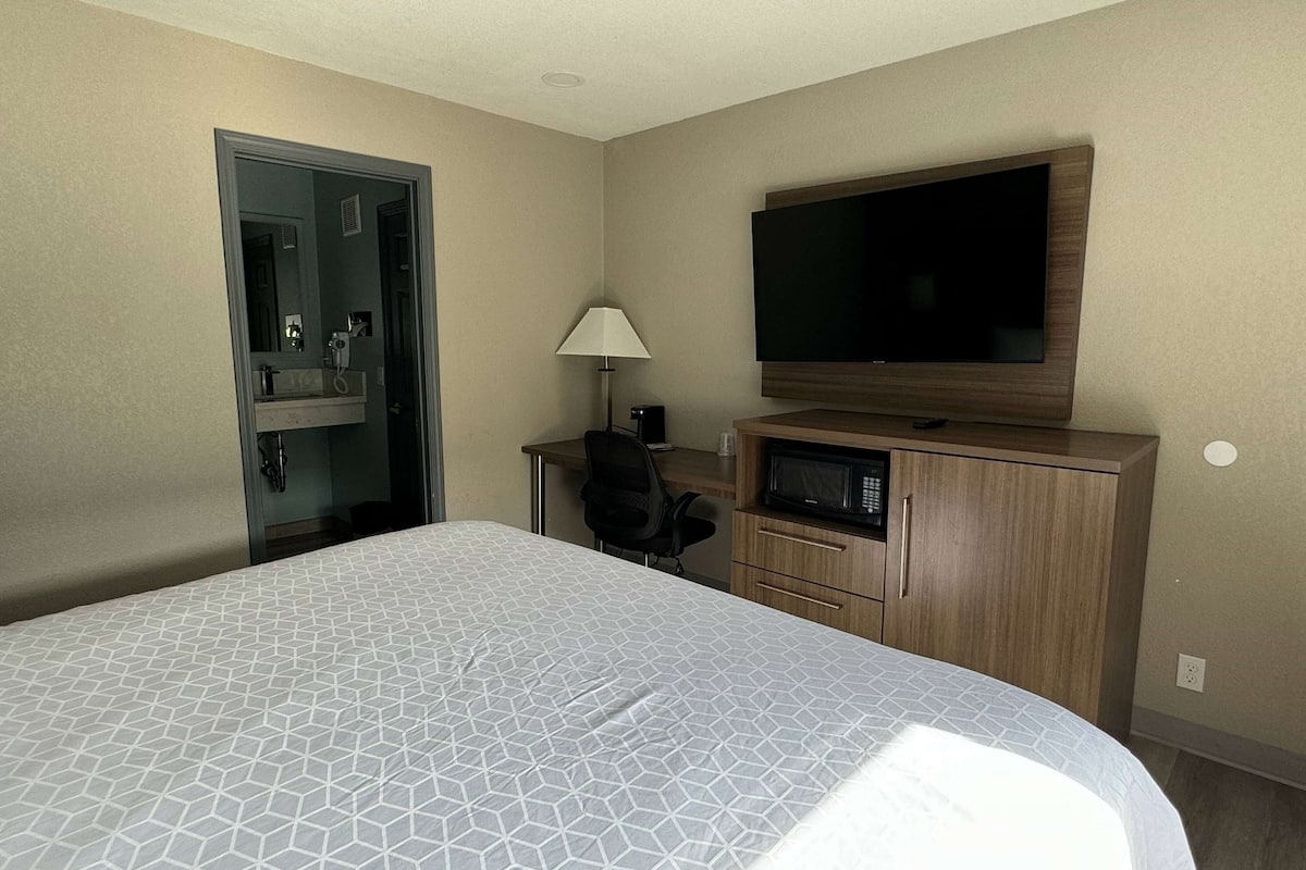 A hotel room with a large bed, a television, a desk with a lamp, and a microwave.