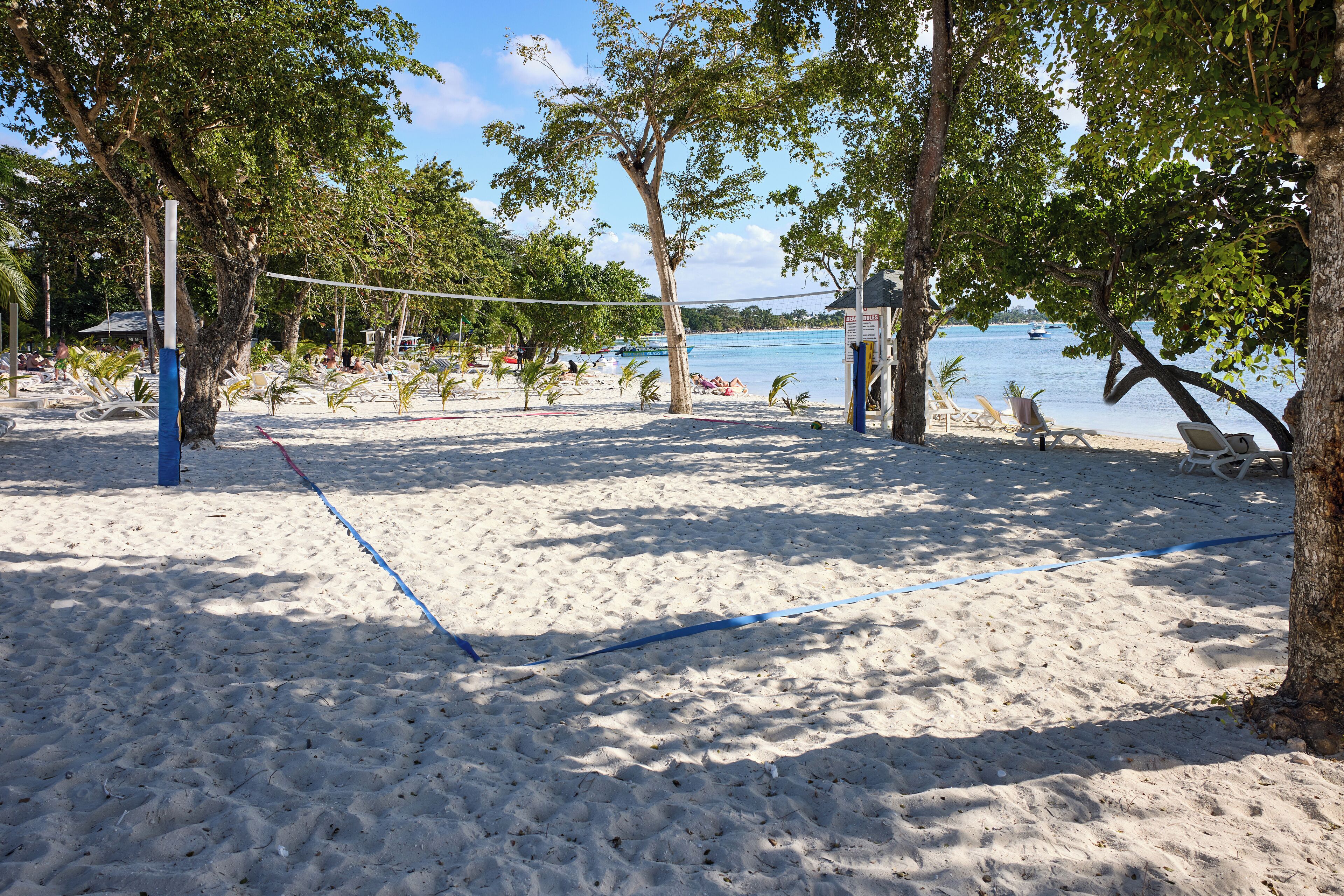 A beach volleyball court with net, surrounded by trees and beach chairs.