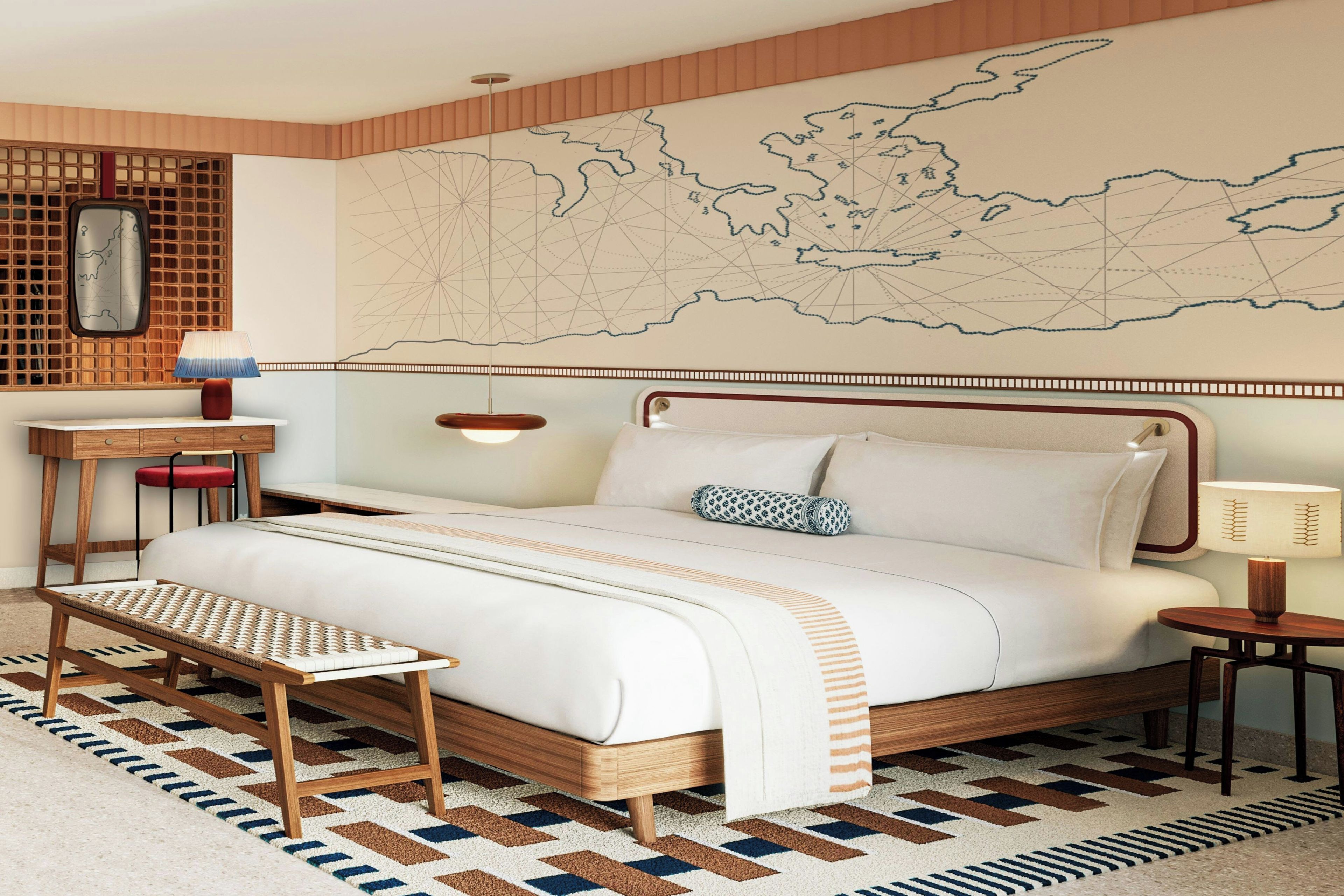 Un dormitorio ordenado con cama, mesitas de noche, un mapa en la pared y una alfombra estampada.