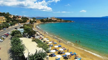 On the beach, beach shuttle, sun-loungers, beach umbrellas