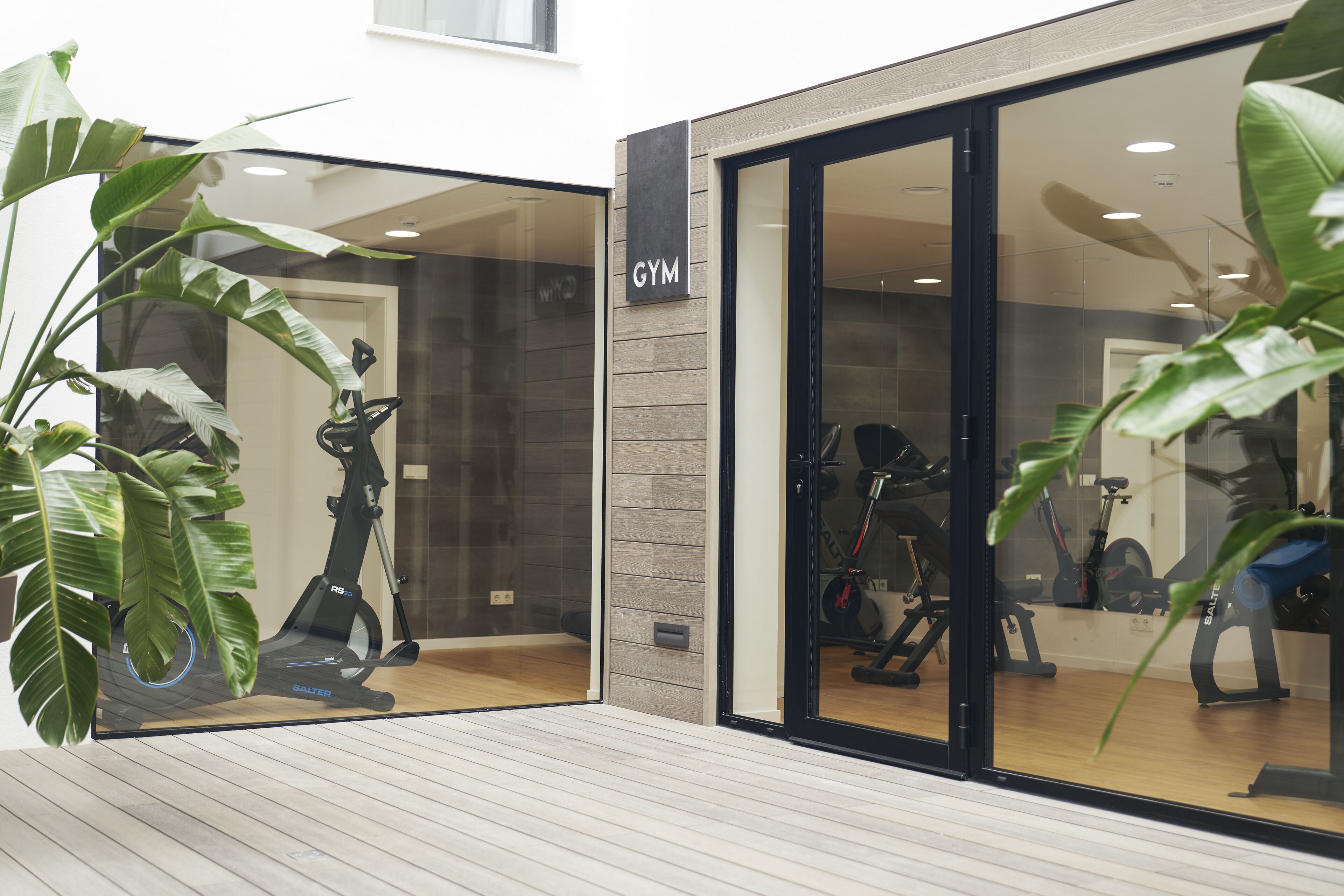 A modern gym with exercise equipment, large windows, and indoor plants.