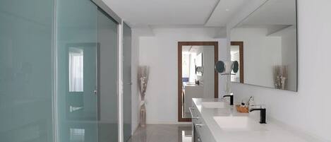 A modern bathroom with a glass door, a large mirror, and a white countertop.
