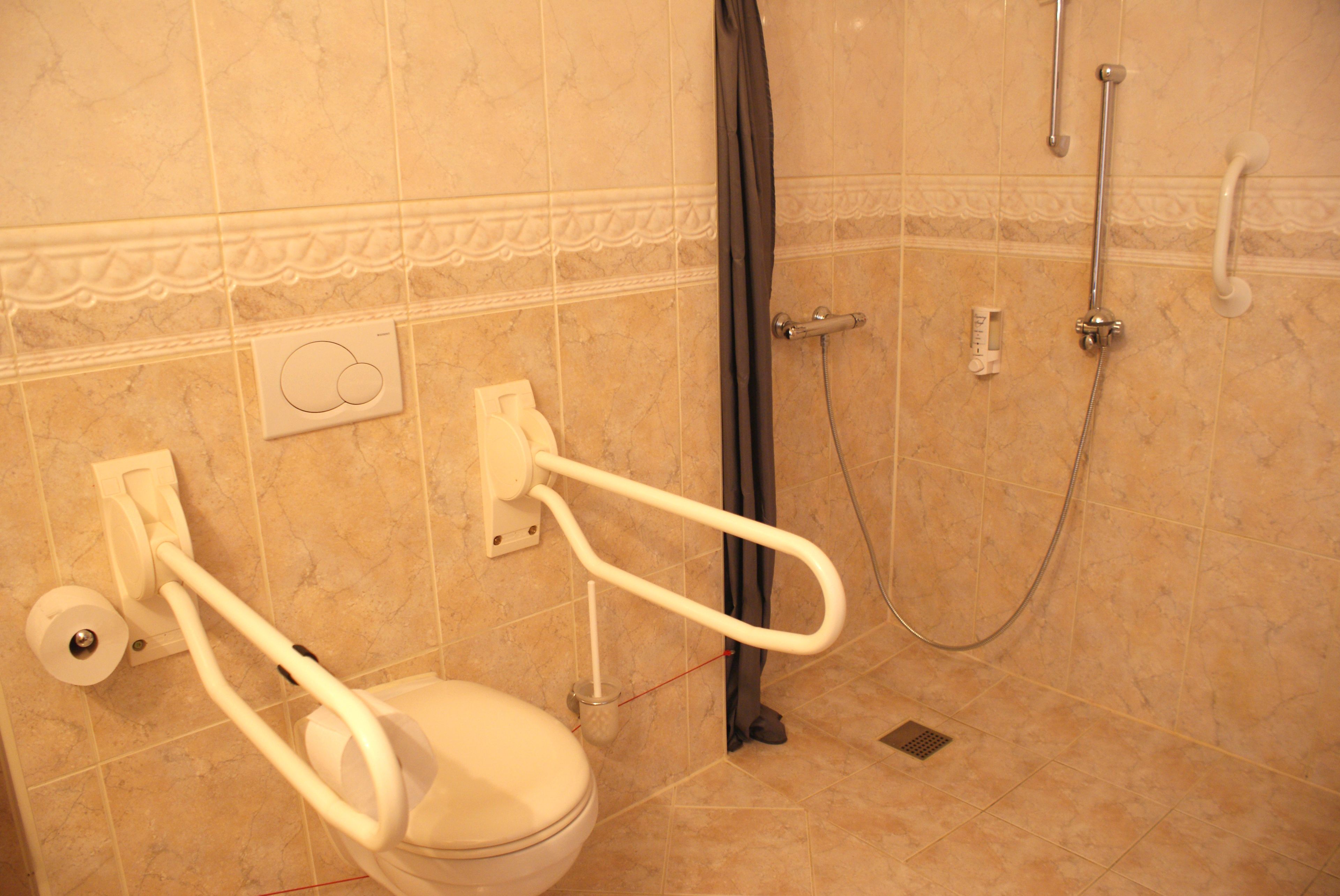 Un baño con inodoro, ducha y barra de apoyo.