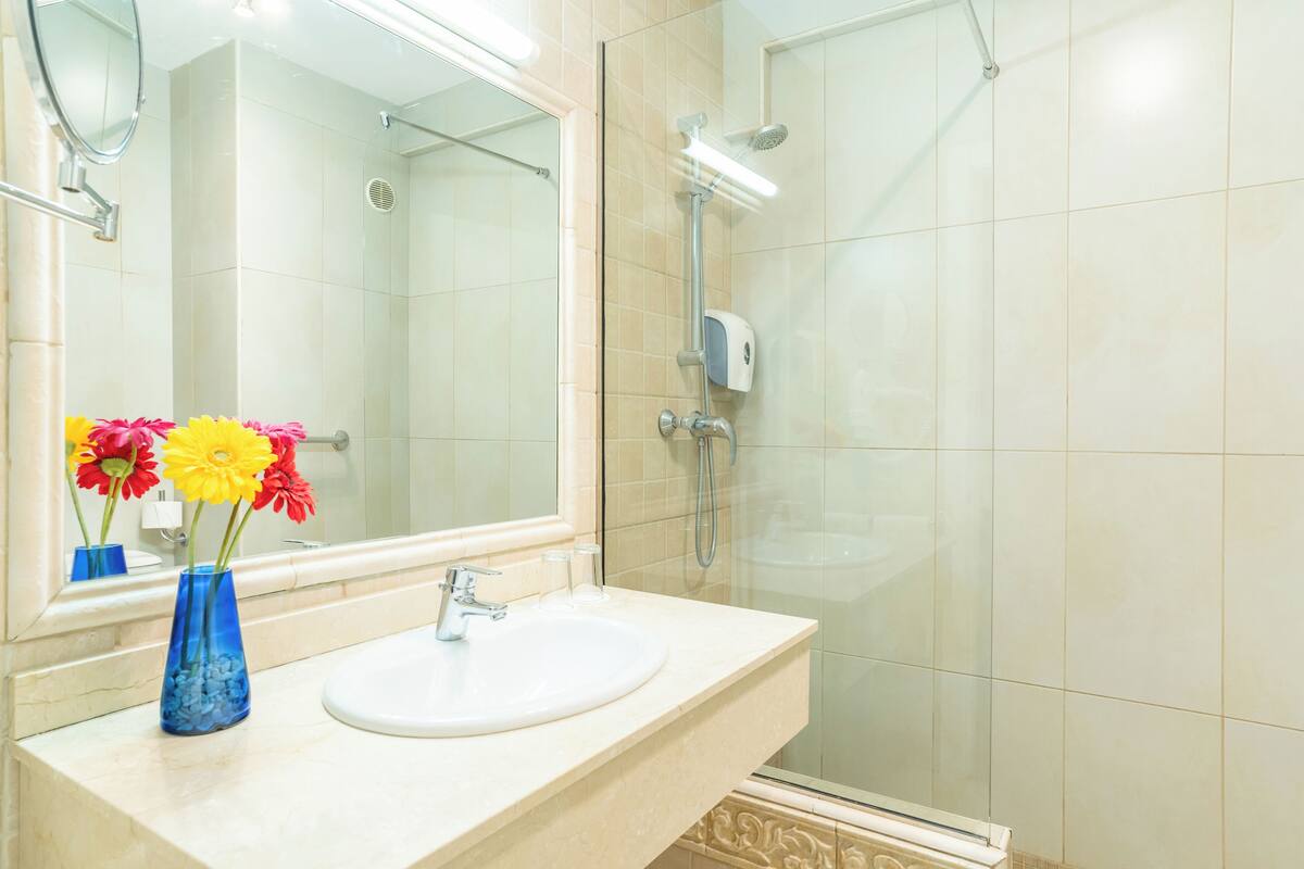 bathtub, hair dryer, bidet, towels