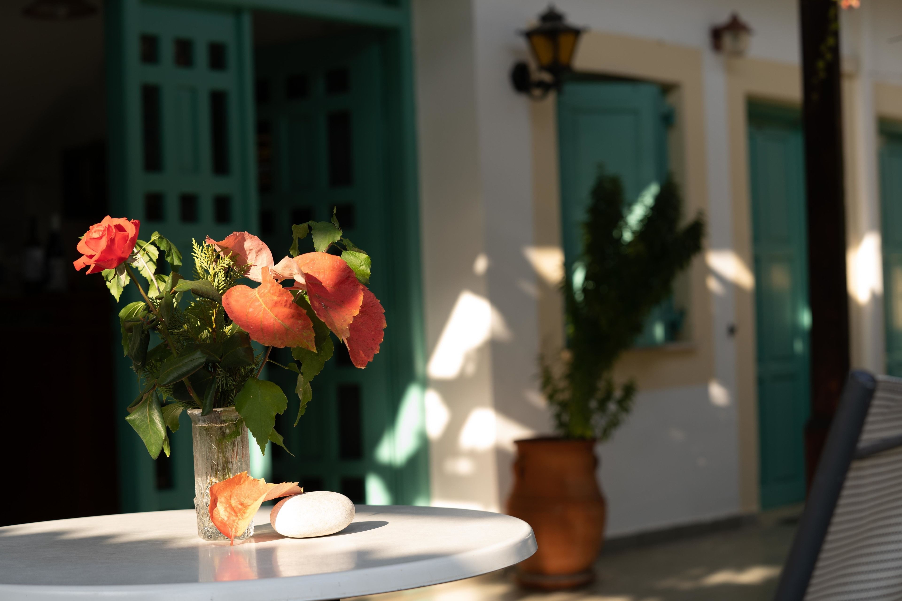 A table with a vase of flowers and a stone, set against a building with green doors and a potted plant.
