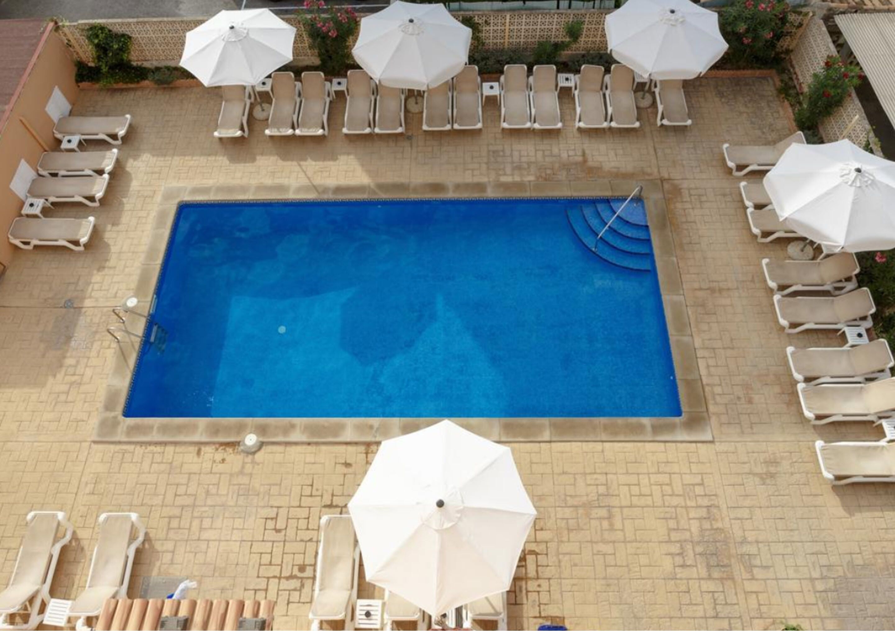 outdoor pool, pool umbrellas, pool loungers