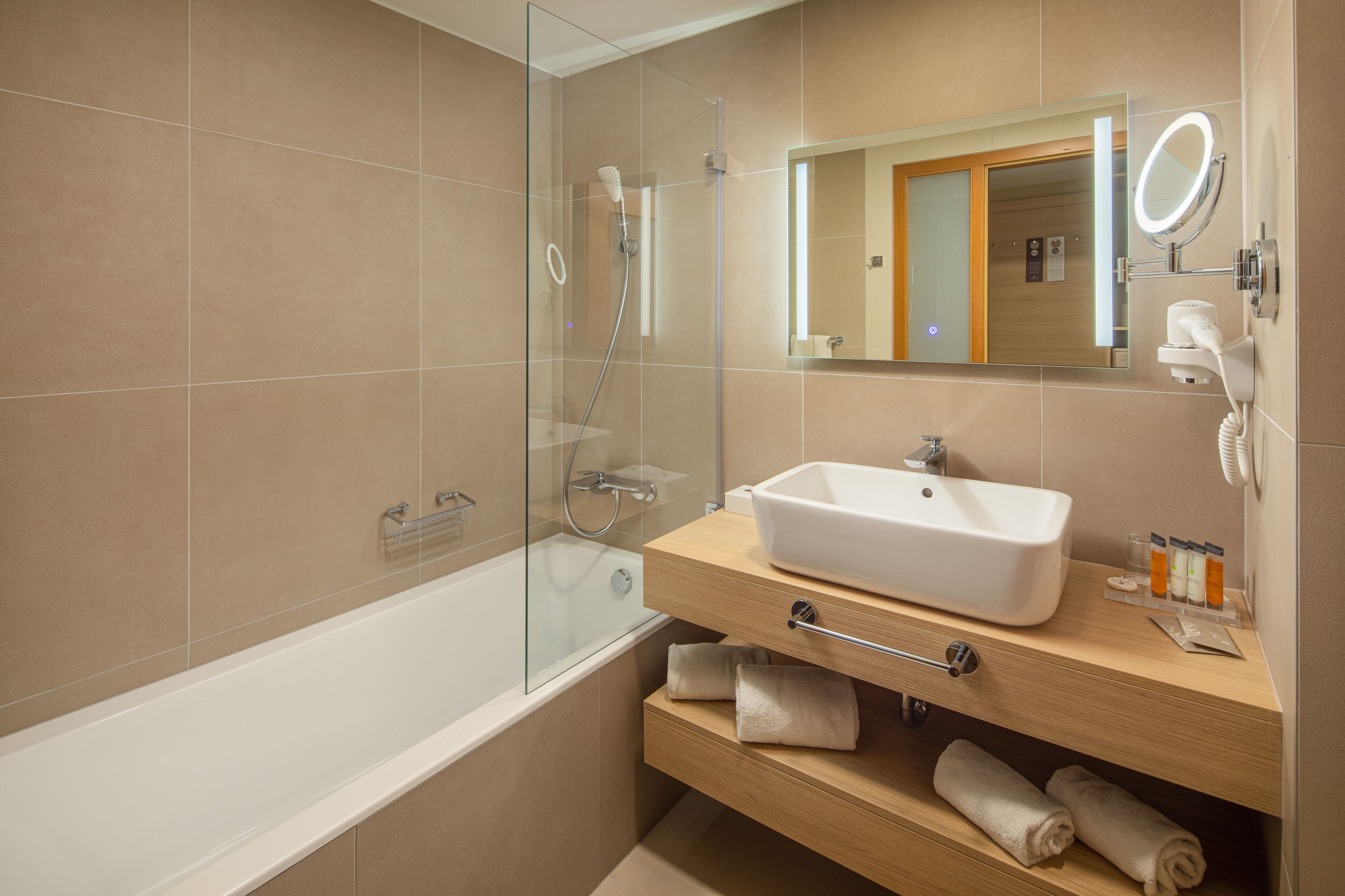 free toiletries, hair dryer, bathrobes, towels