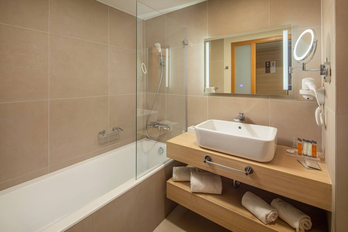 free toiletries, hair dryer, bathrobes, towels