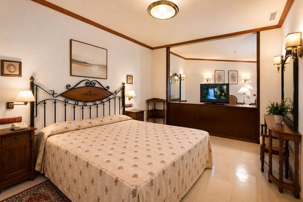 Une chambre d’hôtel équipée d’un lit, d’un bureau, d’une télévision et d’un miroir.