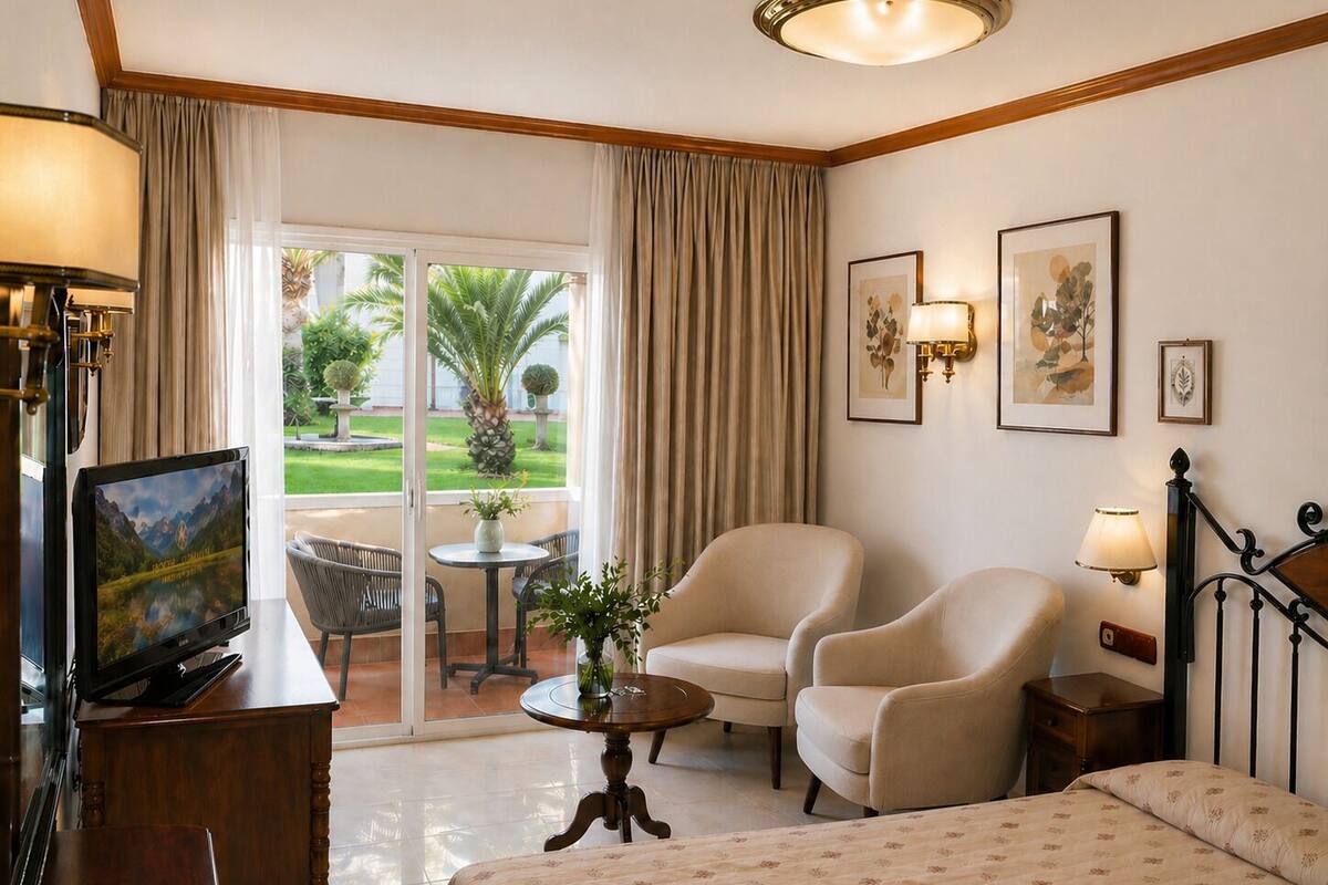 Une chambre d’hôtel comprenant un lit, deux fauteuils, une petite table, une télévision et un balcon avec des rideaux.