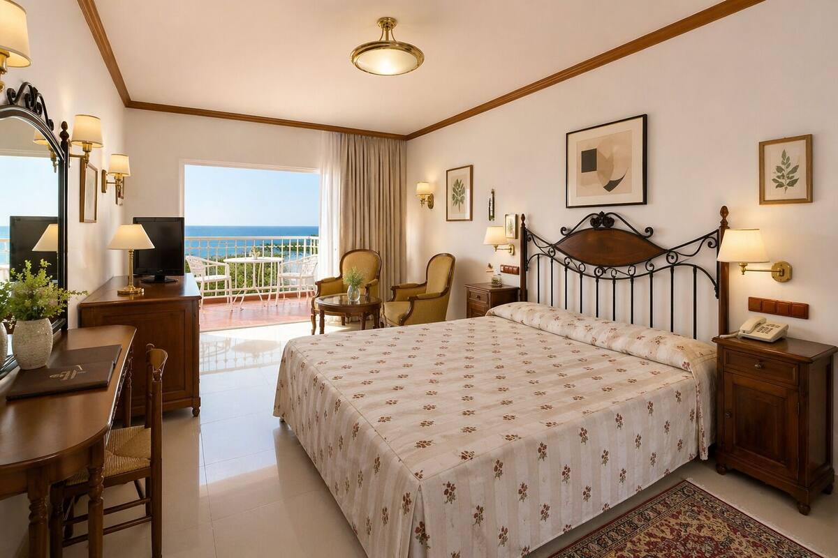 Une chambre d’hôtel comprenant un lit, un bureau, une chaise, une petite table, une table de chevet, une lampe, un téléphone et une vue sur l’océan.