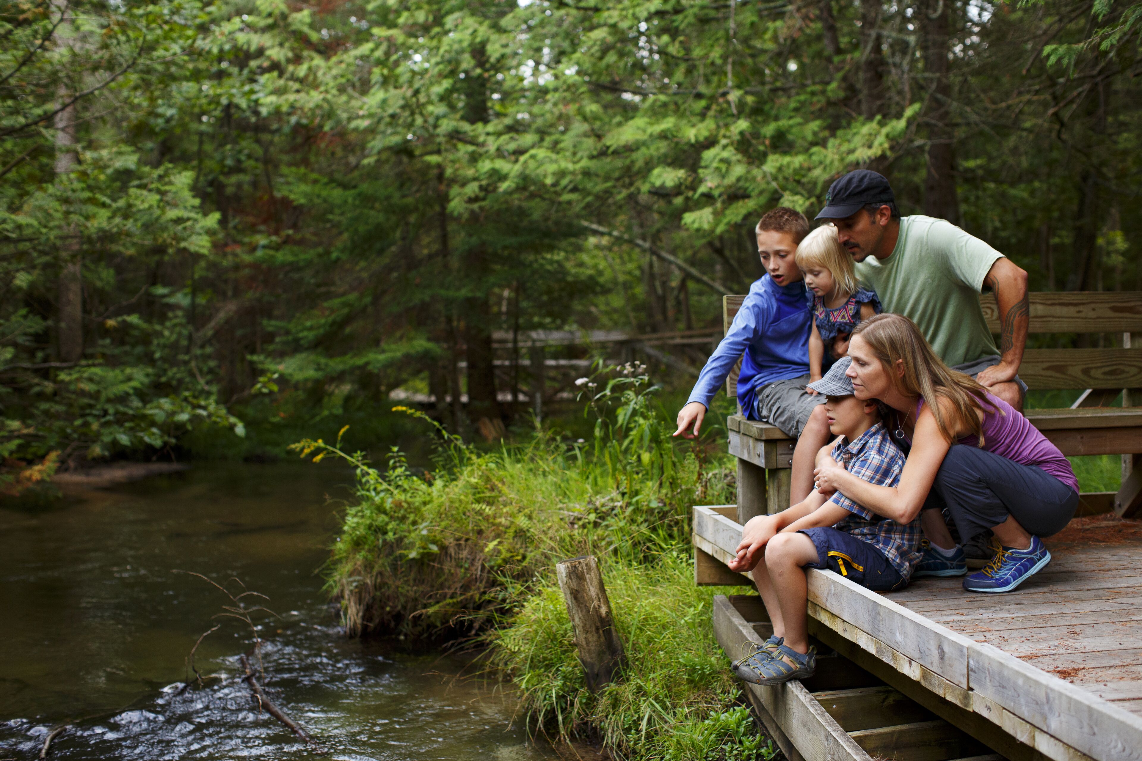 A family on a wooden dock overlooking a river in a forested area.