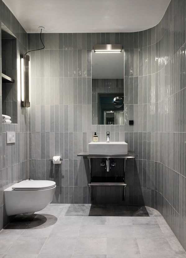 A modern bathroom with a toilet, sink, and mirror.