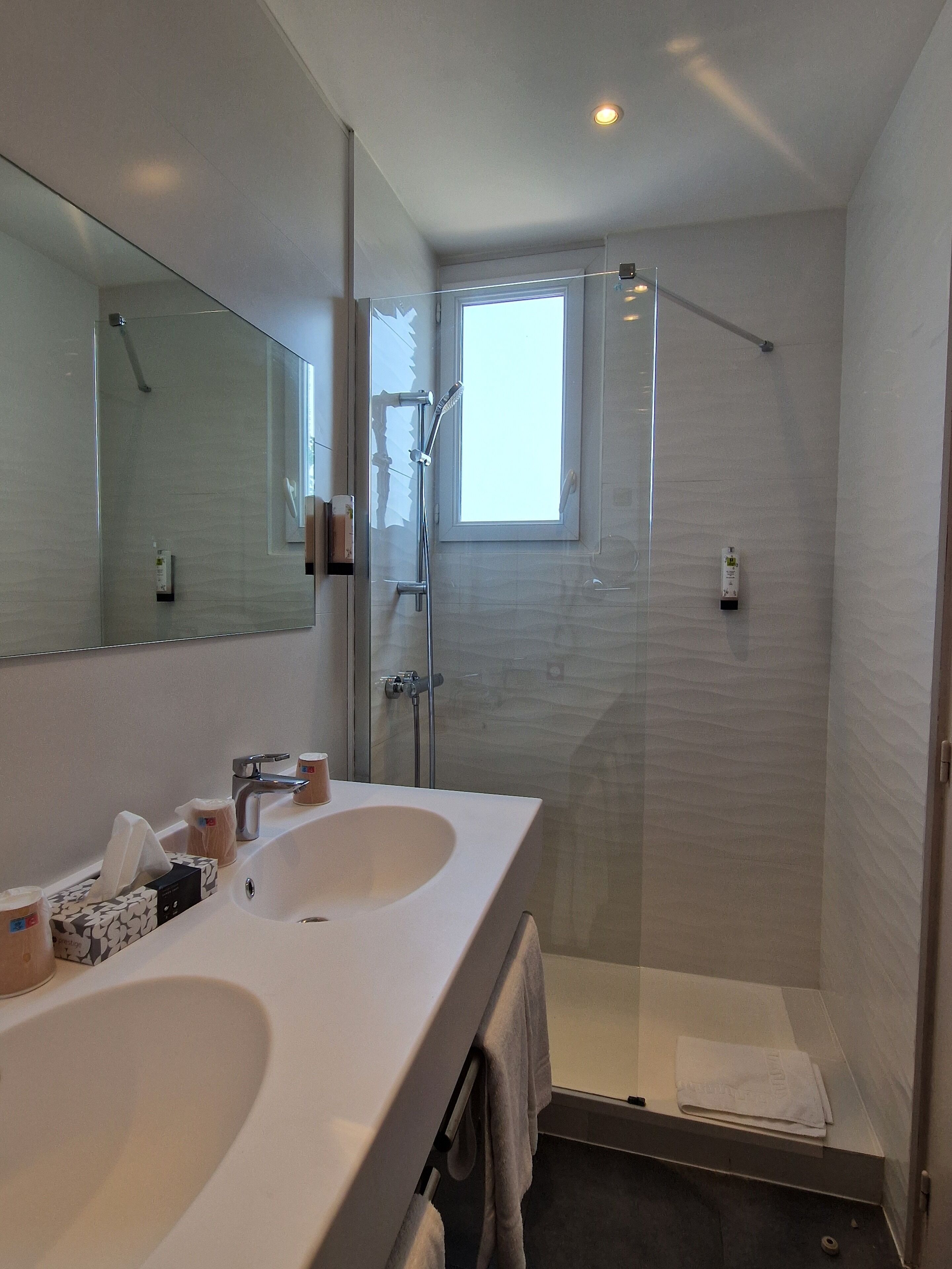 A modern bathroom with two sinks, a glass shower enclosure, and a large mirror.