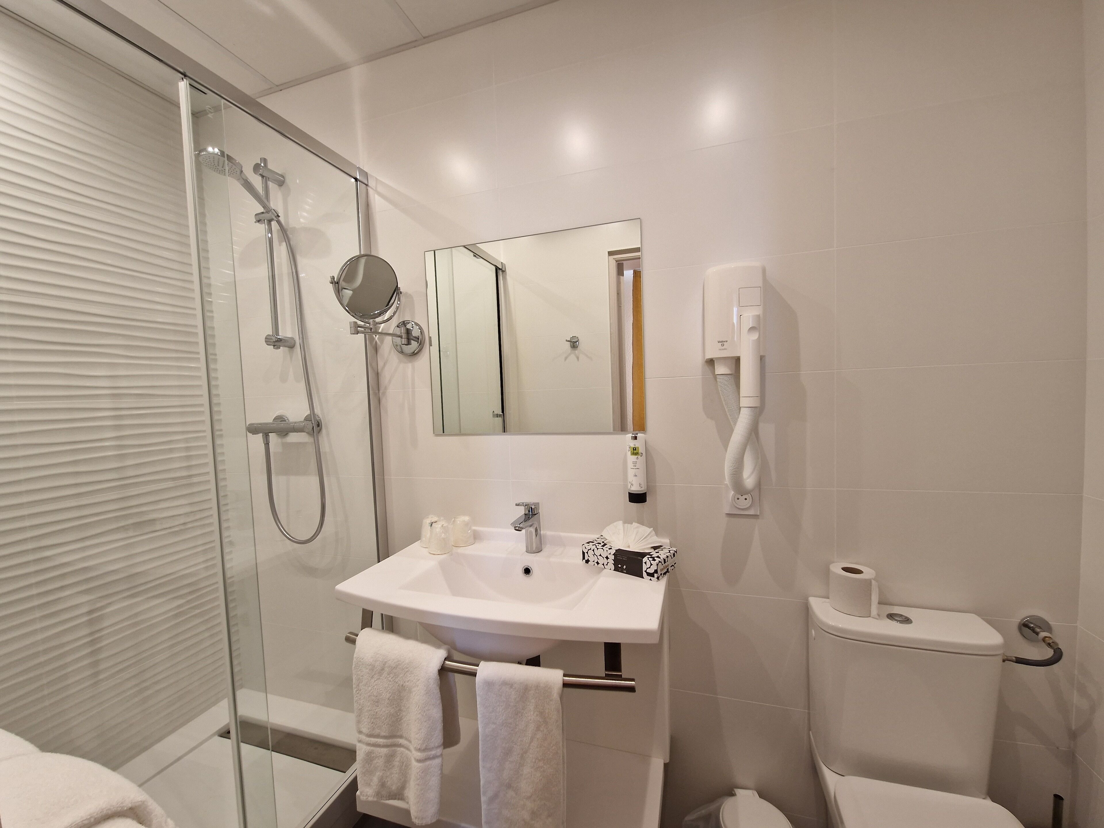 A modern bathroom with a glass shower enclosure, a white sink with a mirror, and a toilet.