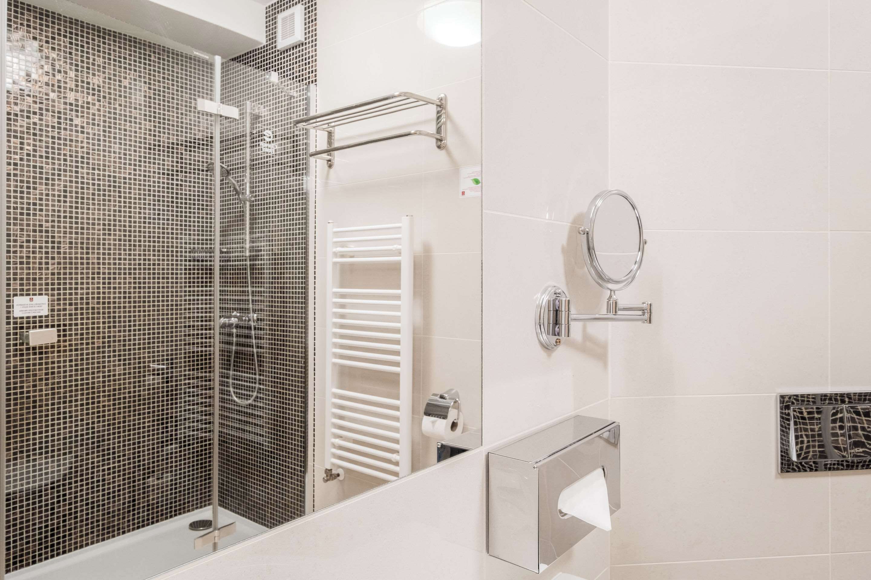 A modern bathroom with a glass-enclosed shower, a white towel rack, a toilet paper holder, and a mirror.