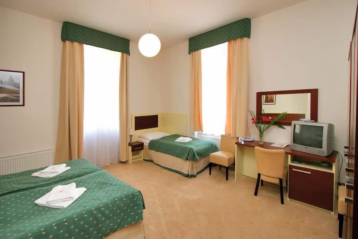 Habitación de hotel con dos camas, un escritorio, una silla, un televisor y una ventana con cortinas.