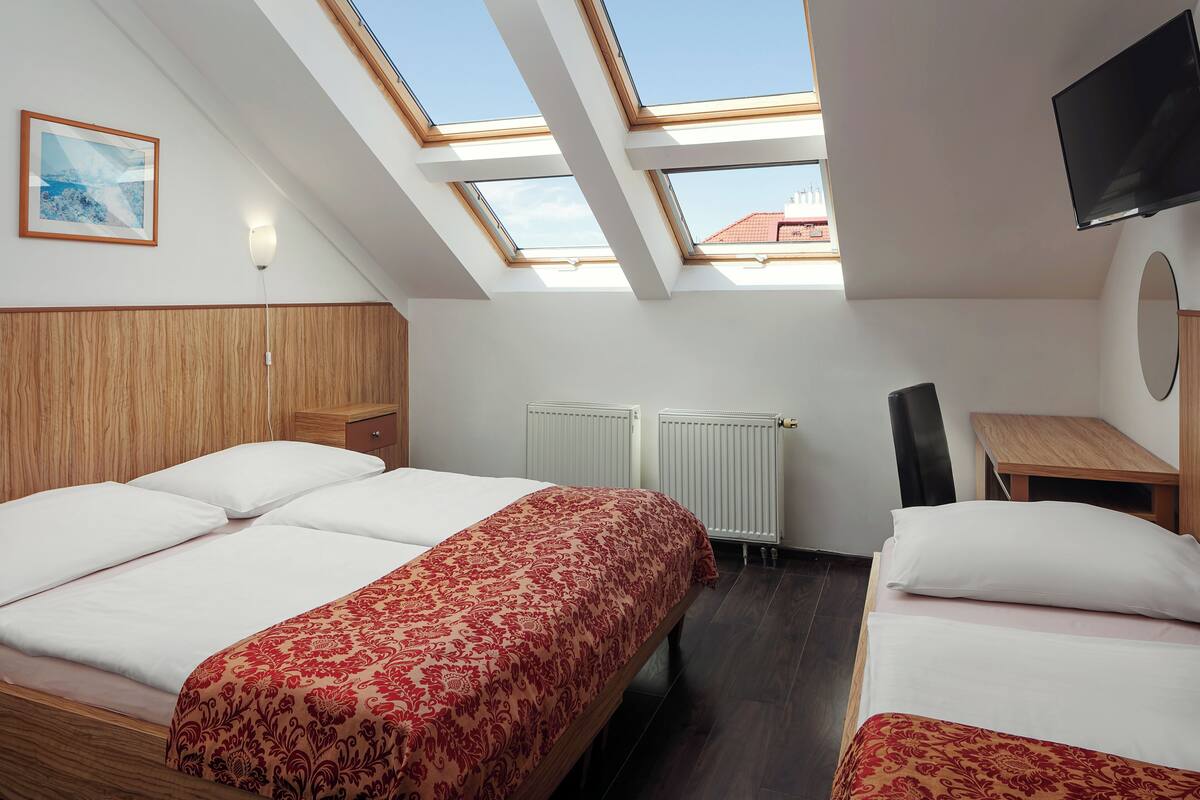 A modern hotel room with a skylight, a bed, a desk, and a TV.
