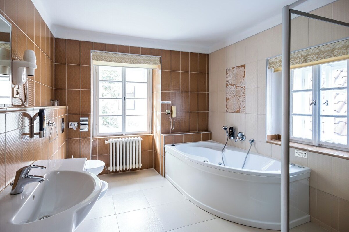 Suite, 1 kingsize bed, hot tub | Badkamer | Een regendouche, gratis toiletartikelen, een haardroger, handdoeken