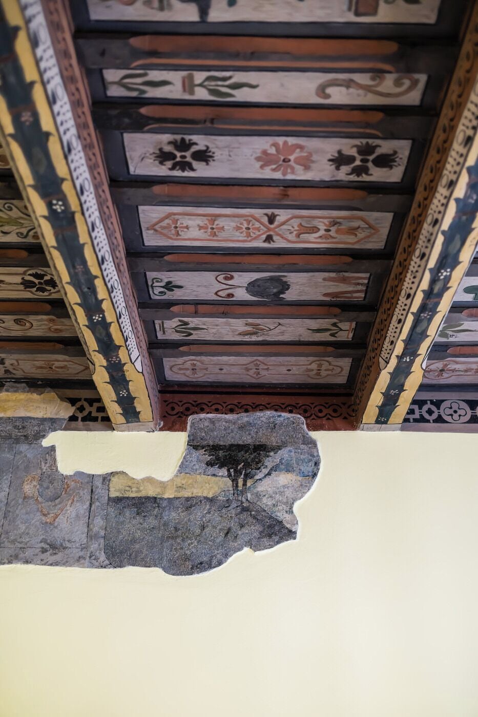 A ceiling with intricate patterns and a damaged section revealing a stone wall.