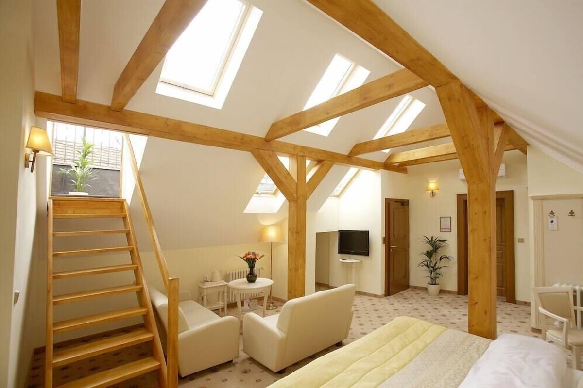 Une pièce avec un plafond en pente, des poutres en bois, un lit, deux chaises, une petite table avec une lampe, un téléviseur et une plante en pot.
