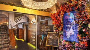 A hotel entrance with a staircase, a chandelier, and a floral decoration. - Hotel U Zlatého Stromu Prague by BHG (Prague)