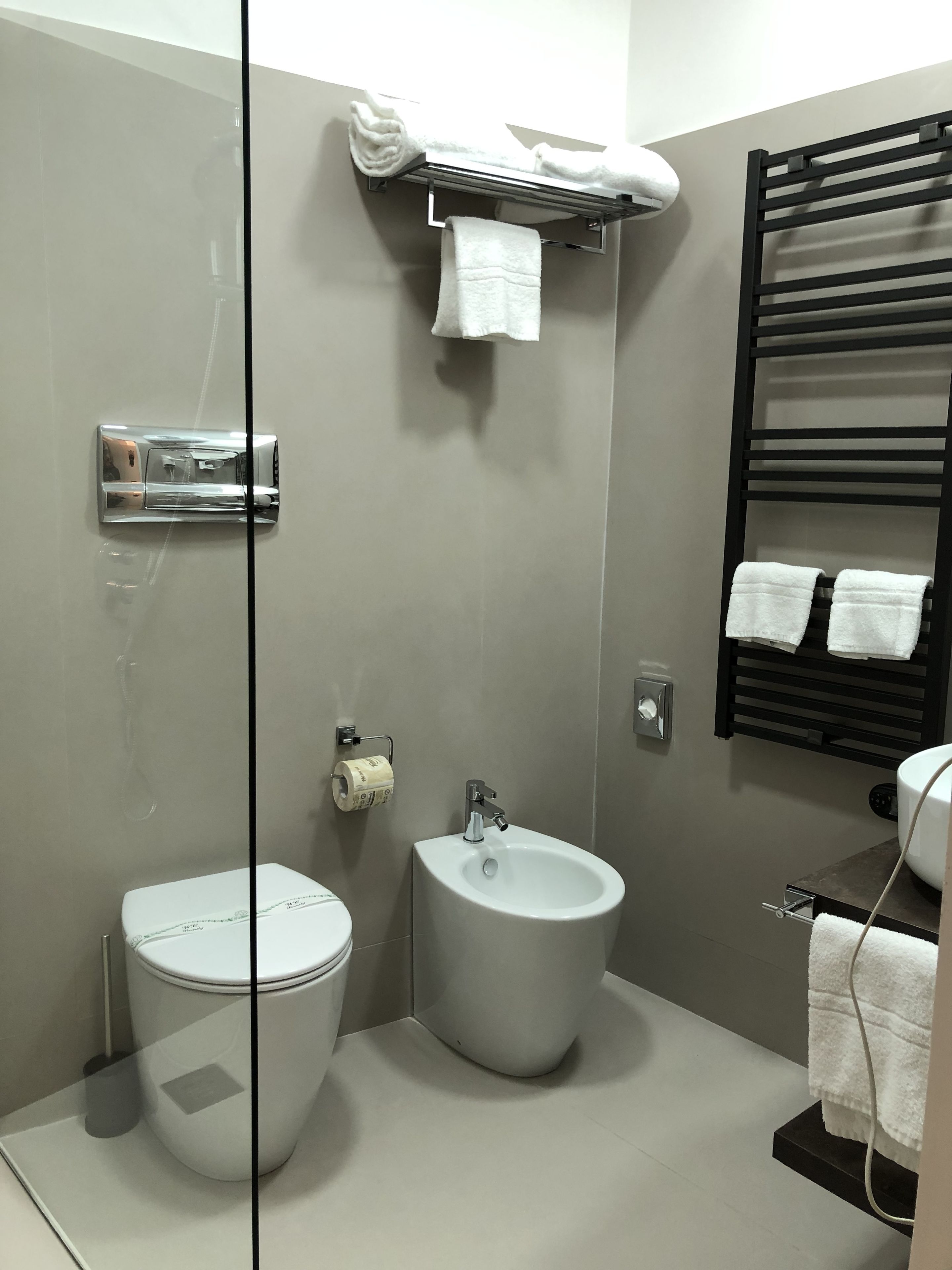 A modern bathroom with a toilet, bidet, and a towel rack.